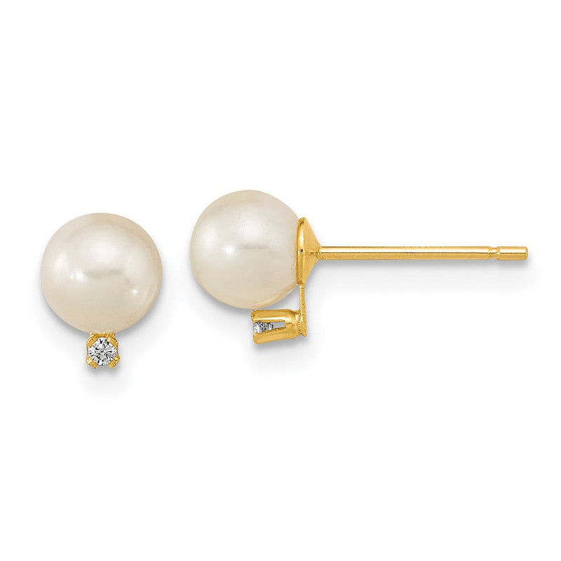 14K Gelbgold 5 5.5mm Weiß Rund Süßwasser Zuchtperle und Zirkonia Ohrstecker