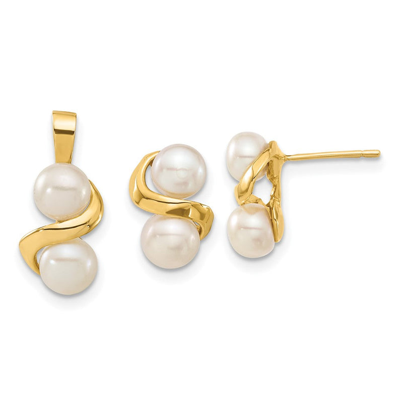 14K Gelbgold 14K 5-6mm Weiß Knopf Süßwasser Zuchtperle Ohrstecker und Anhänger Set