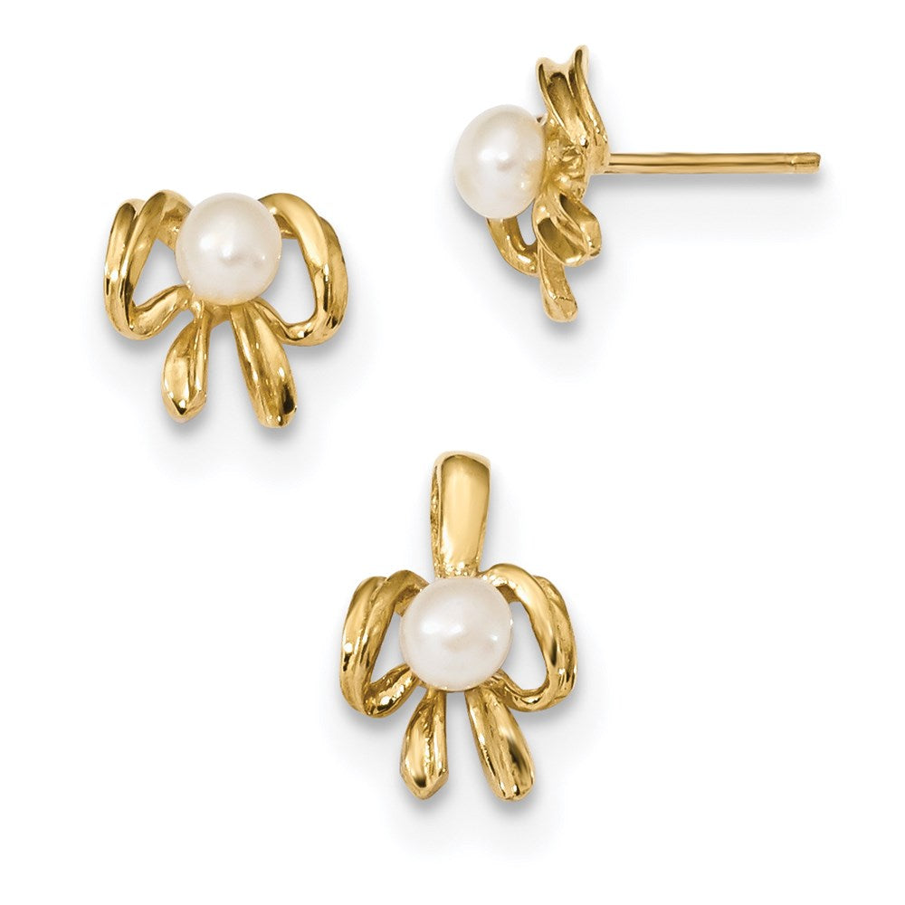 14K Gelbgold 14K Kinder 4-5mm Weiß Fwc Perle Anhänger und Ohrring Set