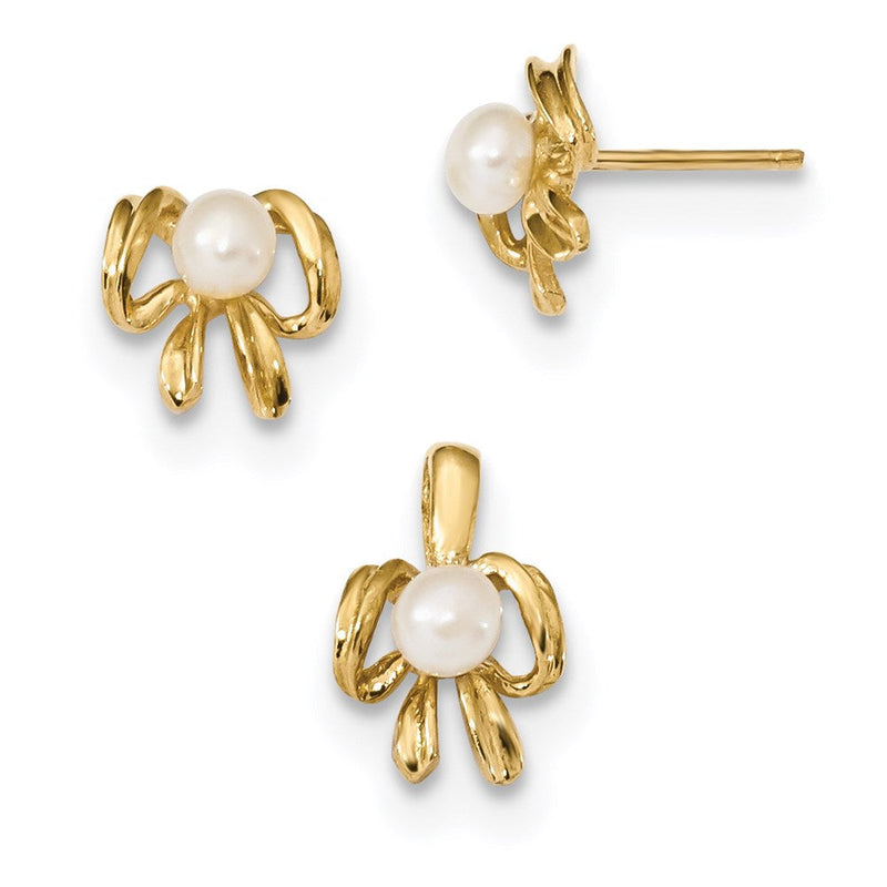 14K Gelbgold 14K Kinder 4-5mm Weiß Fwc Perle Anhänger und Ohrring Set