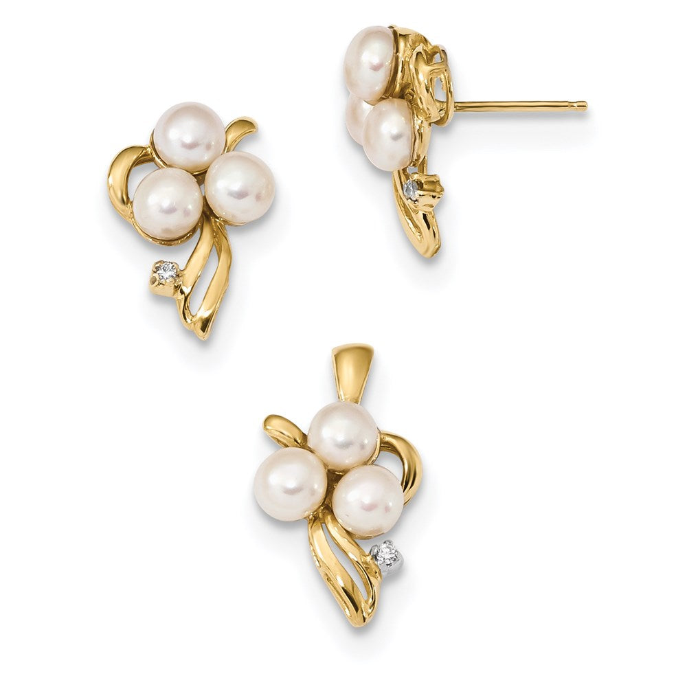 14K Weißgold Schmuckset: Ohrringe und Anhänger mit 4–5 mm weißen Button-Süßwasserzuchtperlen und Diamanten, 0,03 ct