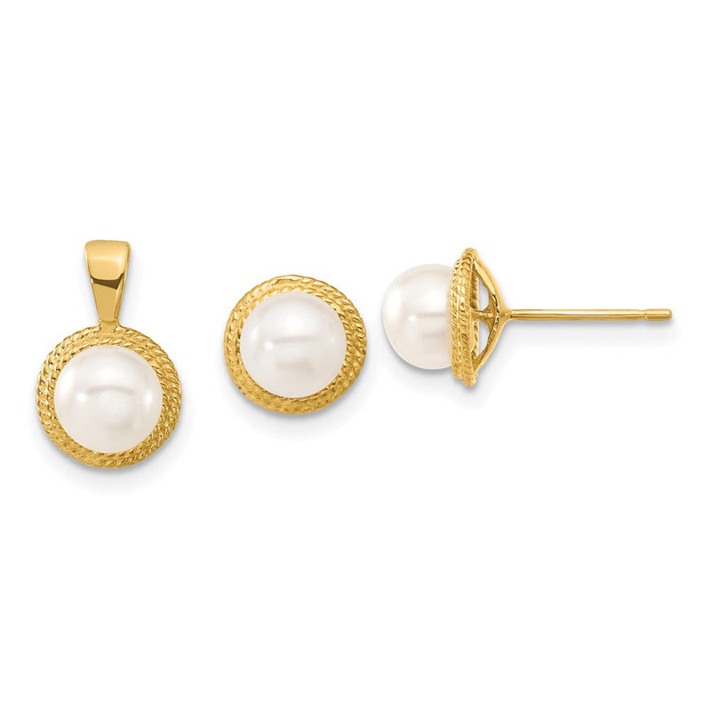 14K Gelbgold 14K 5-6mm Weiß Knopf Süßwasser Zuchtperle Ohrstecker und Anhänger Set