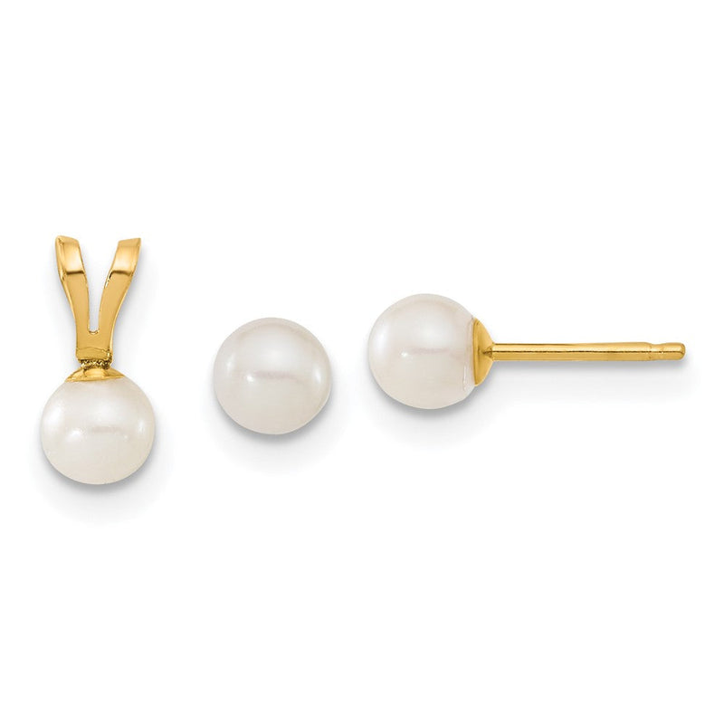 14K Gelbgold 14K Kinder 4-5mm Weiß Rund Süßwasser Zuchtperle Anhänger und Ohrstecker Set