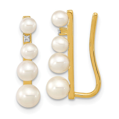 14K Gelbgold Ohrringe „Ear Climber" mit 3 Süßwasser-Zuchtperlen (5 mm) und 0,016 ct. Diamanten