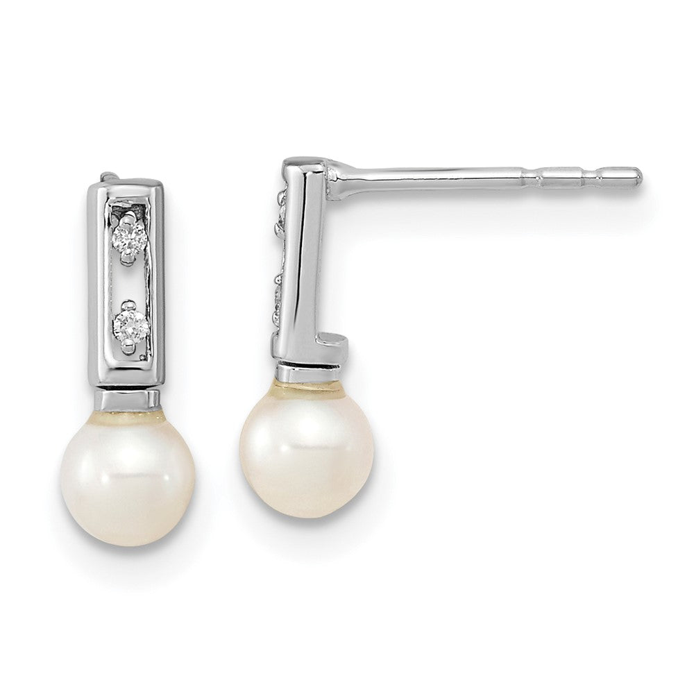 14K Weißgold Ohrstecker mit weißen runden 3-4 mm Süßwasser-Zuchtperlen und 0,02 ct. Diamanten