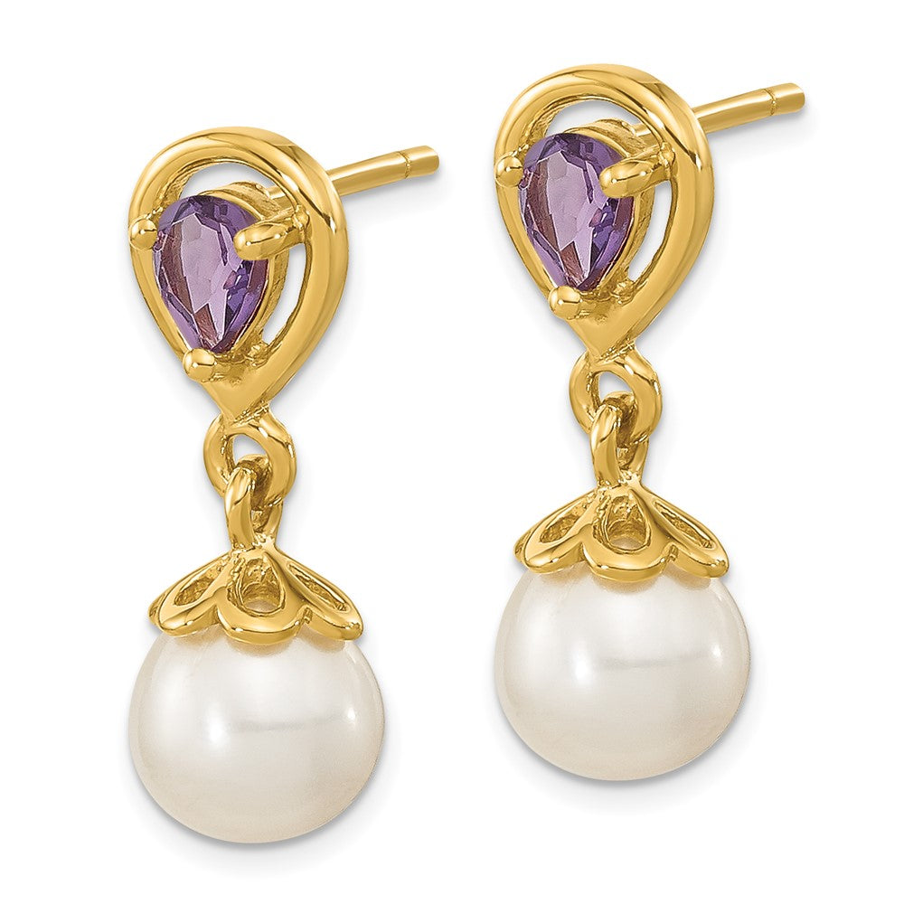 14K Gelbgold 6 7mm Weiß Rund Fwc Perle Amethyst Stecker Ohrhänger