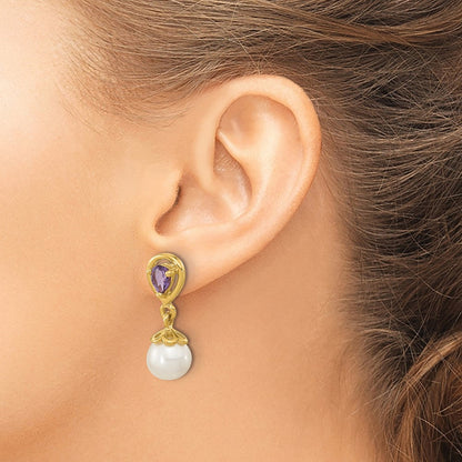 14K Gelbgold 6 7mm Weiß Rund Fwc Perle Amethyst Stecker Ohrhänger