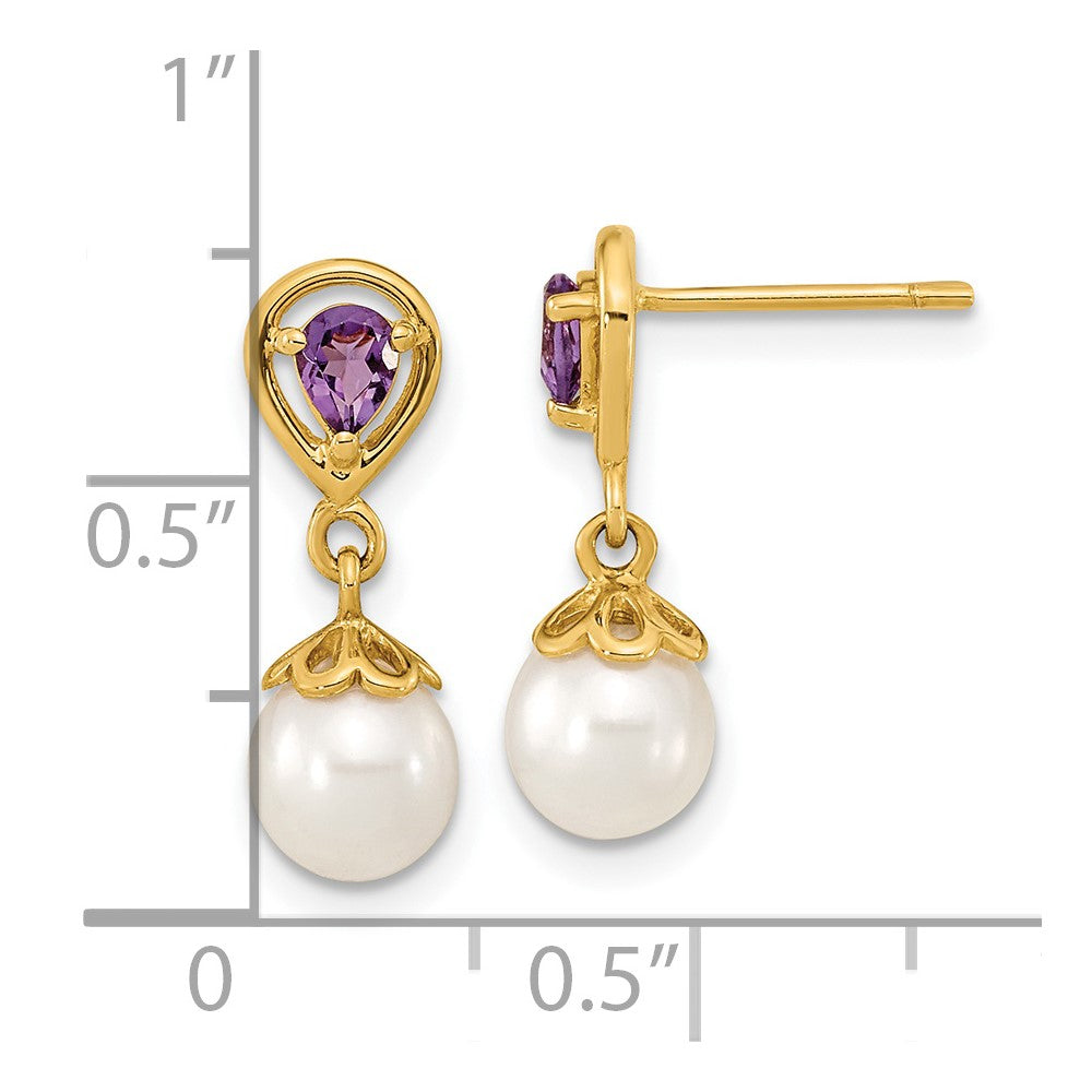 14K Gelbgold 6 7mm Weiß Rund Fwc Perle Amethyst Stecker Ohrhänger
