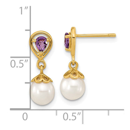 14K Gelbgold 6 7mm Weiß Rund Fwc Perle Amethyst Stecker Ohrhänger