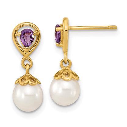 14K Gelbgold 6 7mm Weiß Rund Fwc Perle Amethyst Stecker Ohrhänger