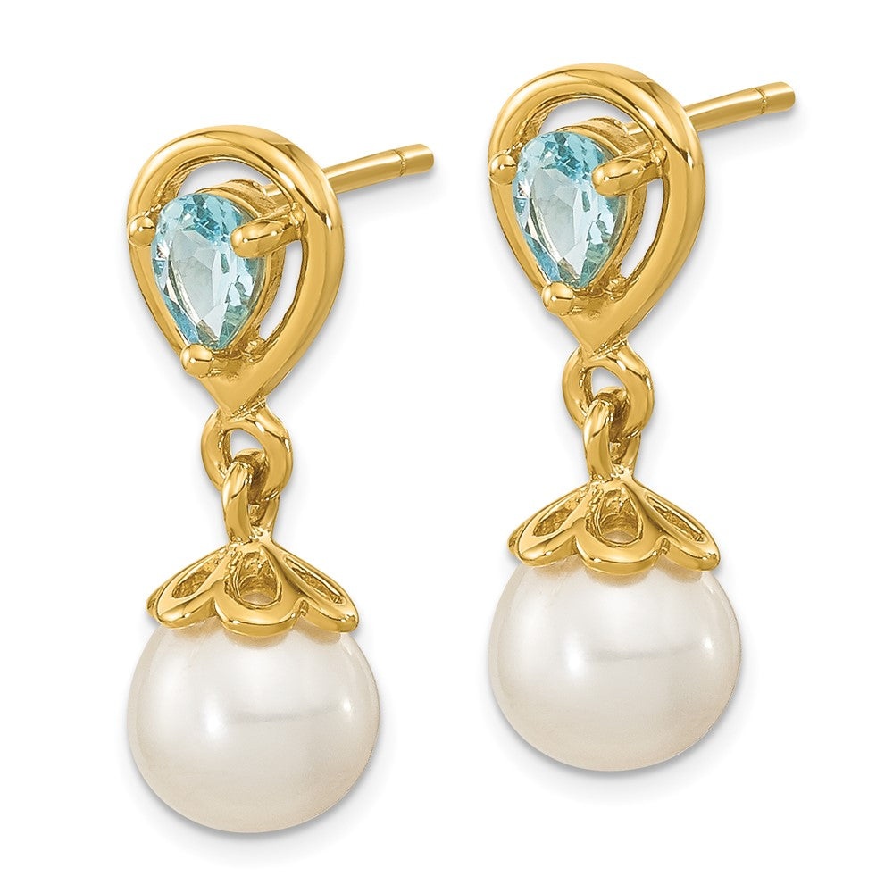 14K Gelbgold 6 7mm Fwc Perle Licht Schweizer Blautopas Hängend Ohrstecker