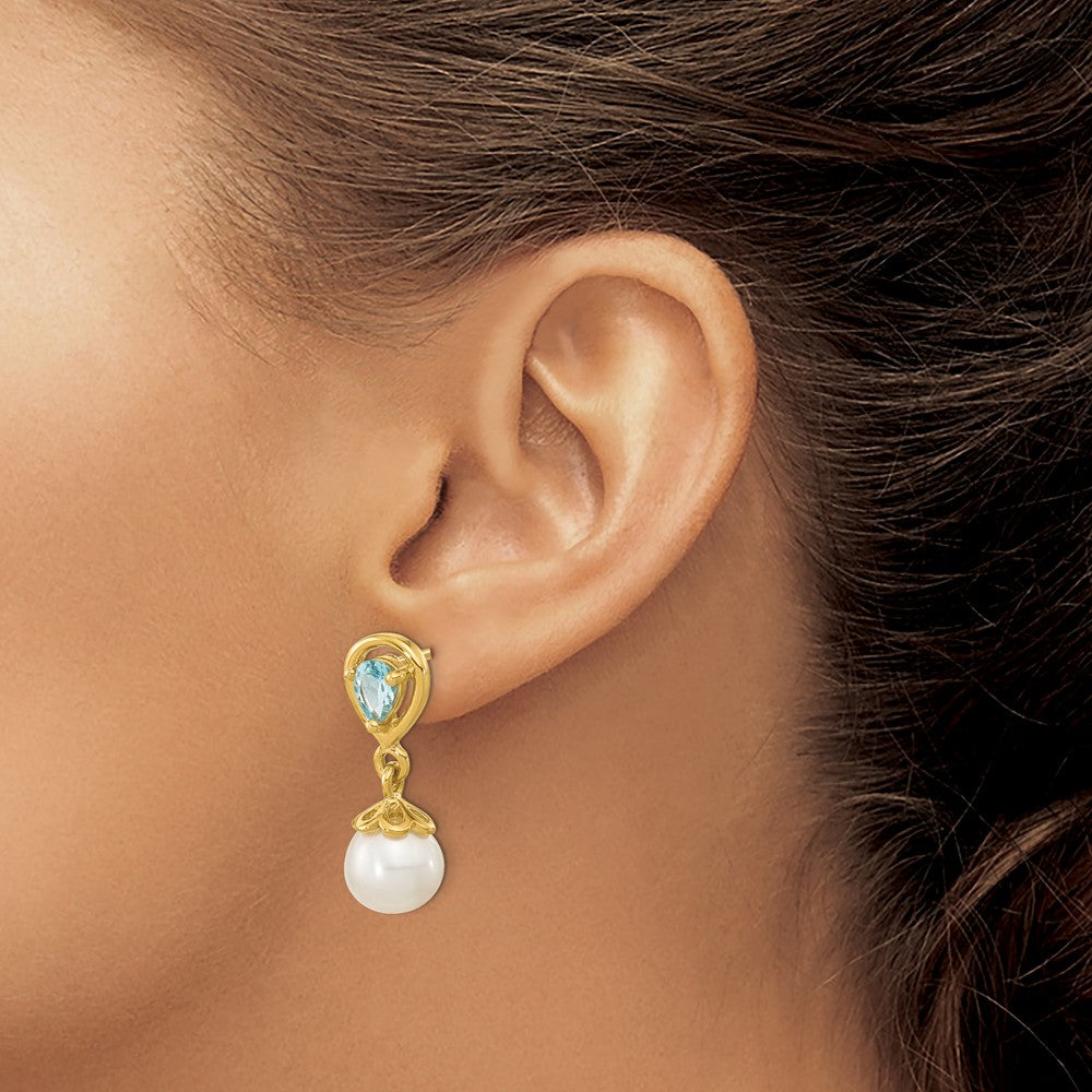 14K Gelbgold 6 7mm Fwc Perle Licht Schweizer Blautopas Hängend Ohrstecker
