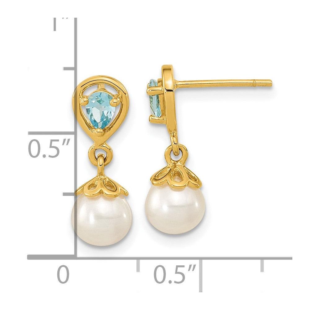 14K Gelbgold 6 7mm Fwc Perle Licht Schweizer Blautopas Hängend Ohrstecker