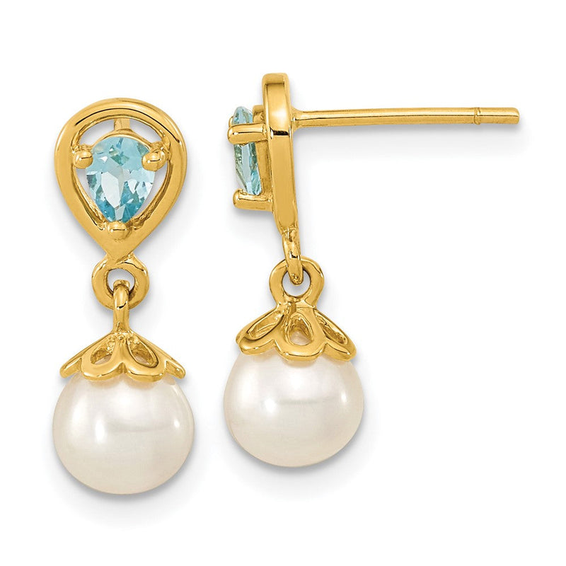 14K Gelbgold 6 7mm Fwc Perle Licht Schweizer Blautopas Hängend Ohrstecker