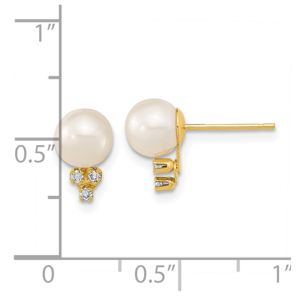 14K Gelbgold Ohrstecker mit runden weißen Süßwasser-Zuchtperlen 6-7 mm und Diamanten 0,06 ct