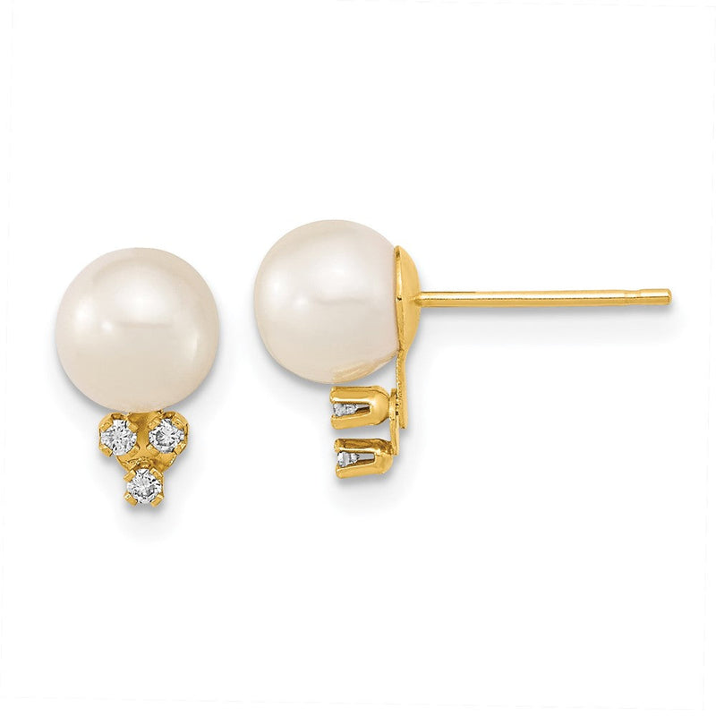 14K Gelbgold Ohrstecker mit runden weißen Süßwasser-Zuchtperlen 6-7 mm und Diamanten 0,06 ct