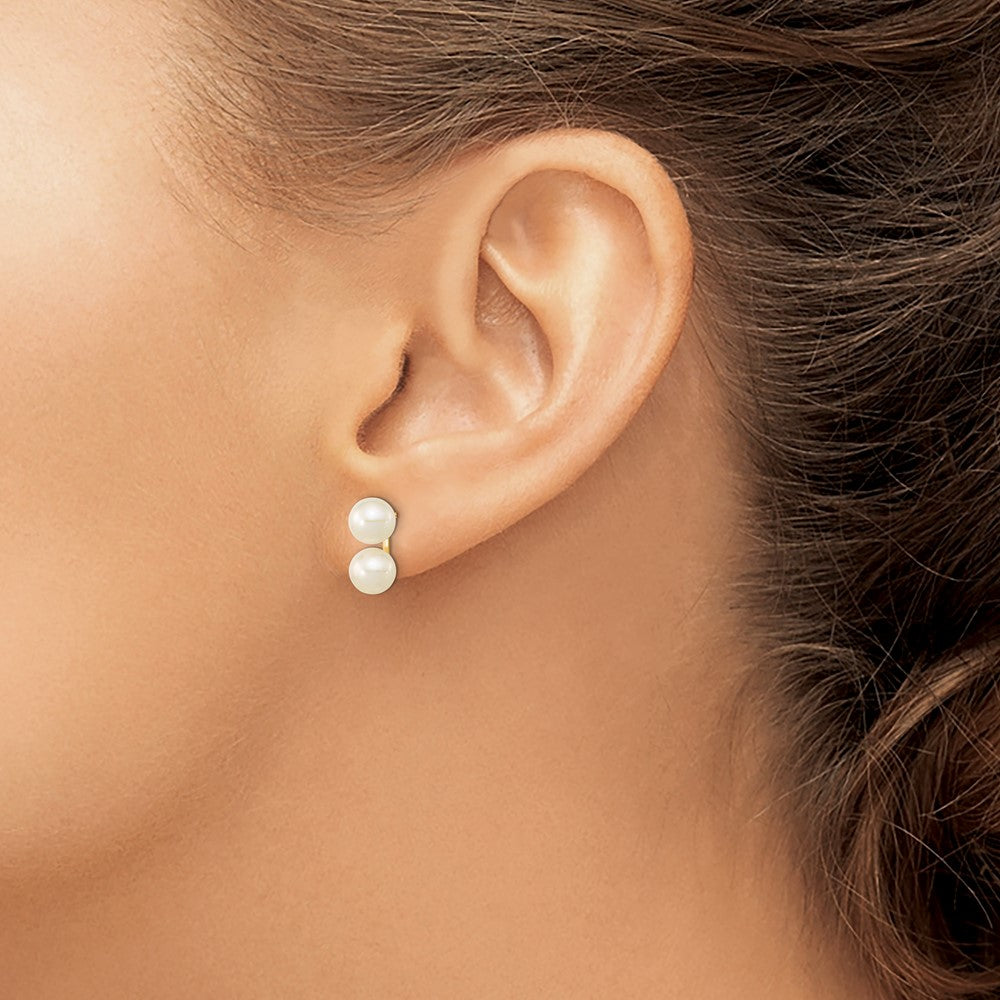 14K Gelbgold 6 7mm Weiß Rund Süßwasser Zucht Doppelt Perle Ohrstecker