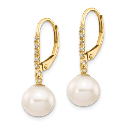 14K Gelbgold Ohrringe mit 8-9 mm weißen runden FWC-Perlen und 0,05 ct. Diamant