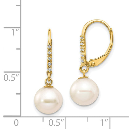 14K Gelbgold Ohrringe mit 8-9 mm weißen runden FWC-Perlen und 0,05 ct. Diamant