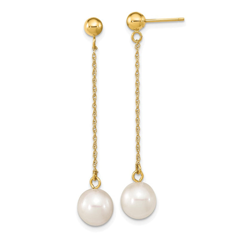 14K Gelbgold 7 8mm Weiß Rund Süßwasser Zuchtperle Stecker Ohrhänger