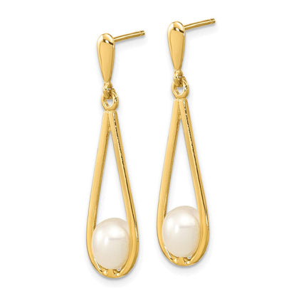 14K Gelbgold 5 6mm Weiß Rice Süßwasser Zuchtperle Stecker Ohrhänger