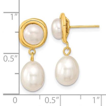 14K Gelbgold 5 7mm Weiß Knopf und Rice Süßwasser Zuchtperle Stecker Ohrhänger