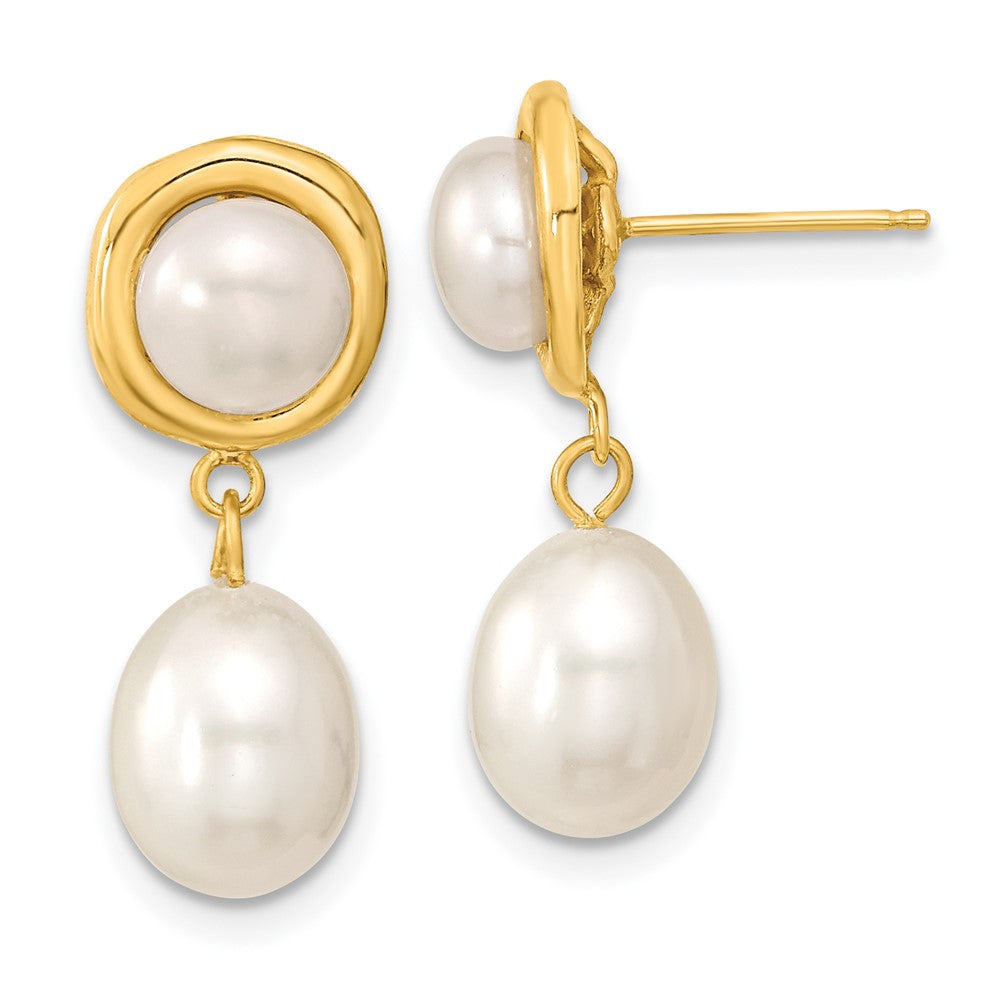 14K Gelbgold 5 7mm Weiß Knopf und Rice Süßwasser Zuchtperle Stecker Ohrhänger