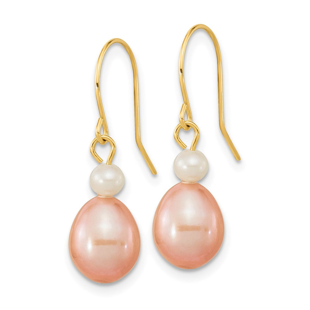 14K Gelbgold 7 8mm Rosa Rice und Weiß Rund Süßwasser Zuchtperle Ohrhänger