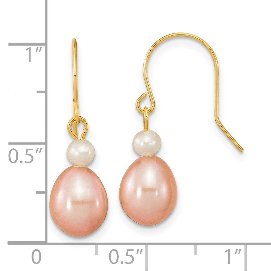 14K Gelbgold 7 8mm Rosa Rice und Weiß Rund Süßwasser Zuchtperle Ohrhänger