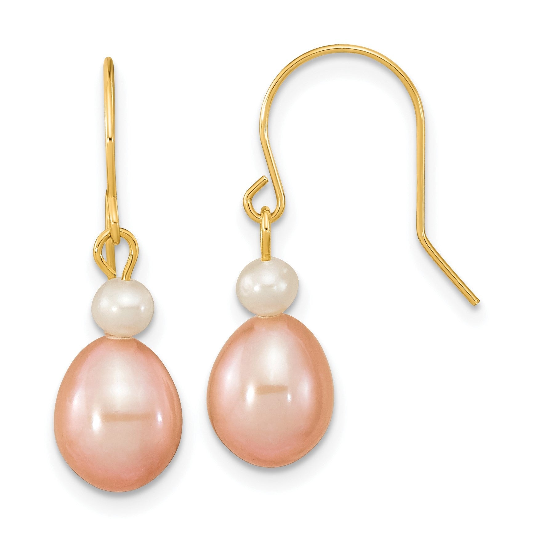 14K Gelbgold 7 8mm Rosa Rice und Weiß Rund Süßwasser Zuchtperle Ohrhänger