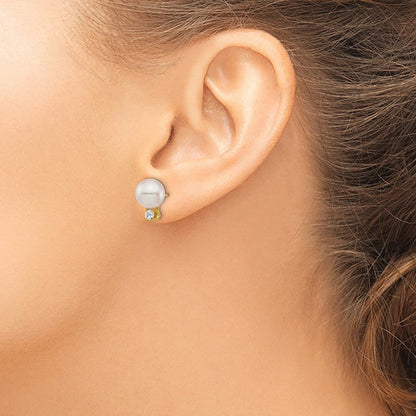 14K Weißgold Ohrstecker mit 8-9mm runden Akoya-Zuchtperlen (Saltwater) und Diamant