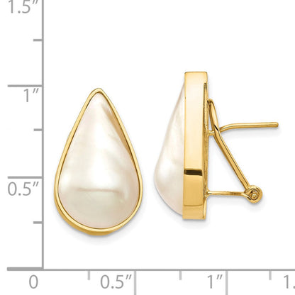 14K Gelbgold 12x20 Weiß Tropfen Salzwasser Zucht Mabe Perle Omega Rückseite Ohrringe