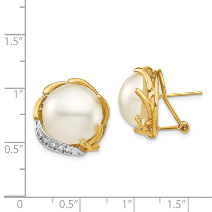 14K Gelbgold 12 13mm Salzwasser Zucht Mabe Perle.10ct Diamant Omega Rückseite Ohrringe