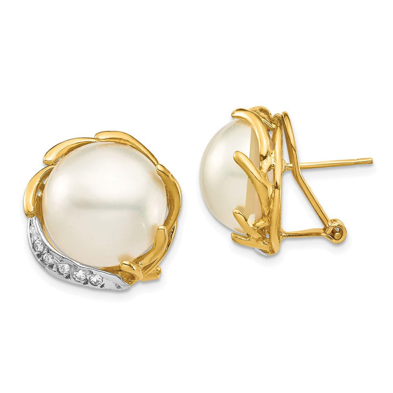 14K Gelbgold 12 13mm Salzwasser Zucht Mabe Perle.10ct Diamant Omega Rückseite Ohrringe