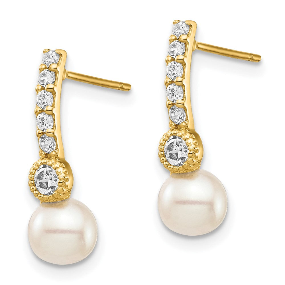 14K Gelbgold 6mm Weiß Halb Rund Süßwasser Zuchtperle Zirkonia Stecker Ohrhänger