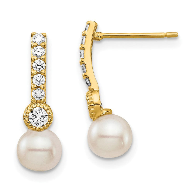 14K Gelbgold 6mm Weiß Halb Rund Süßwasser Zuchtperle Zirkonia Stecker Ohrhänger