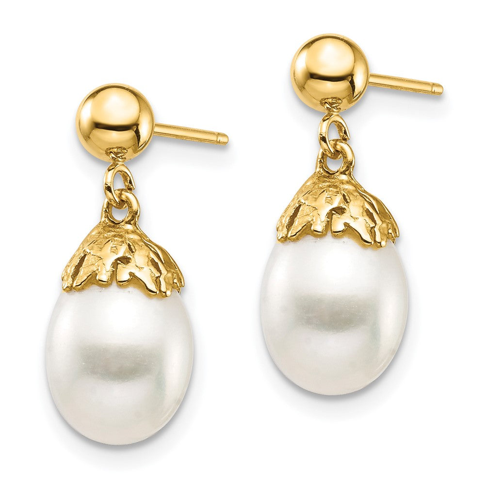 14K Gelbgold 7 8mm Weiß Rice Süßwasser Zuchtperle Stecker Ohrhänger