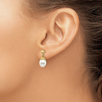 14K Gelbgold 7 8mm Weiß Rice Süßwasser Zuchtperle Stecker Ohrhänger