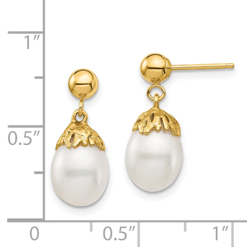 14K Gelbgold 7 8mm Weiß Rice Süßwasser Zuchtperle Stecker Ohrhänger