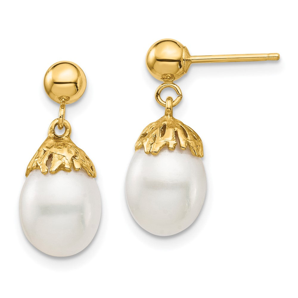14K Gelbgold 7 8mm Weiß Rice Süßwasser Zuchtperle Stecker Ohrhänger