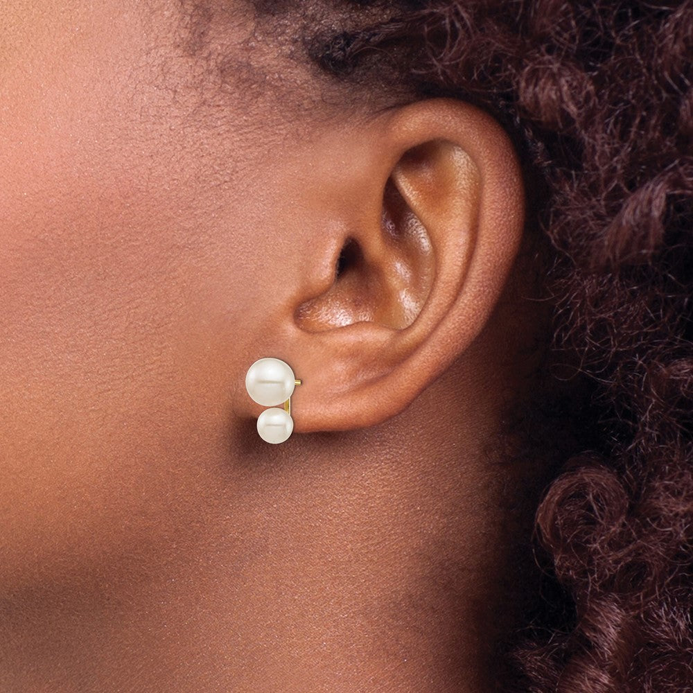 14K Gelbgold 5mm und 7mm Weiß Rund Süßwasser Zucht Doppelt Perle Ohrstecker