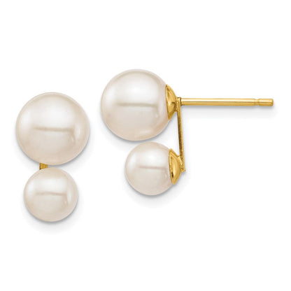 14K Gelbgold 5mm und 7mm Weiß Rund Süßwasser Zucht Doppelt Perle Ohrstecker
