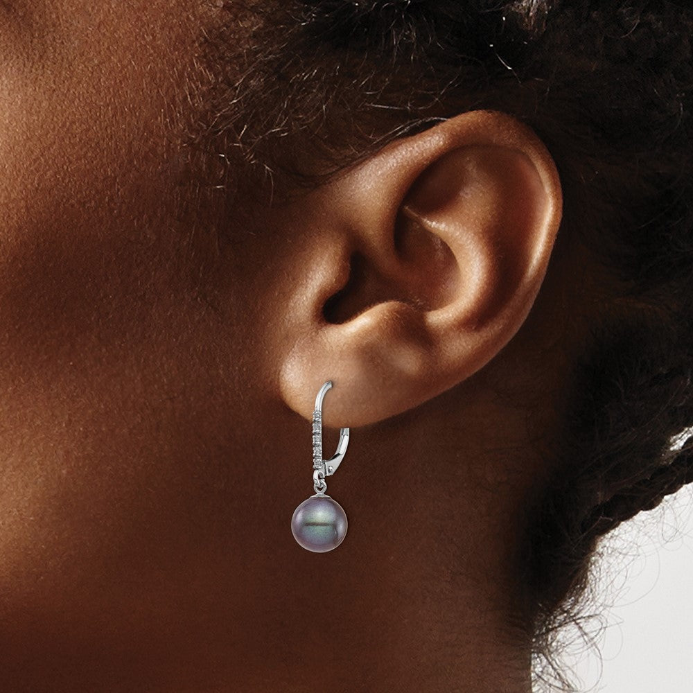 14K Weißgold Ohrringe mit 8-9-mm-schwarzer FWC-Perle und 0,05 ct. Diamant, Leverback-Verschluss