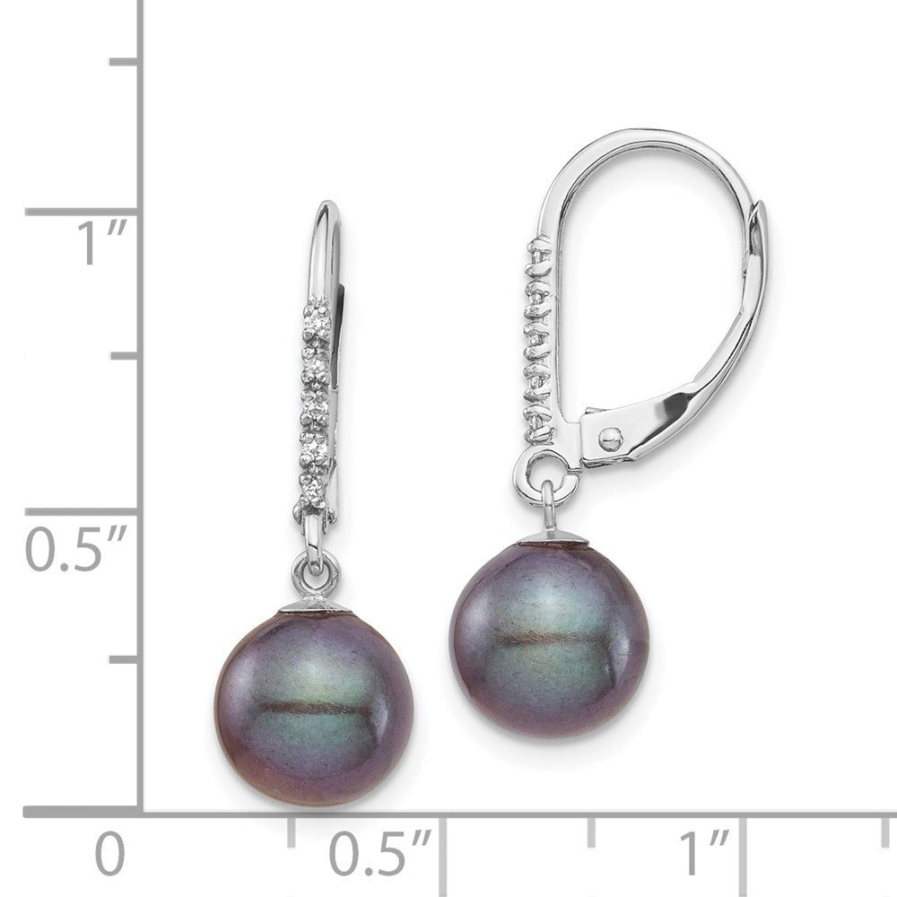 14K Weißgold Ohrringe mit 8-9-mm-schwarzer FWC-Perle und 0,05 ct. Diamant, Leverback-Verschluss