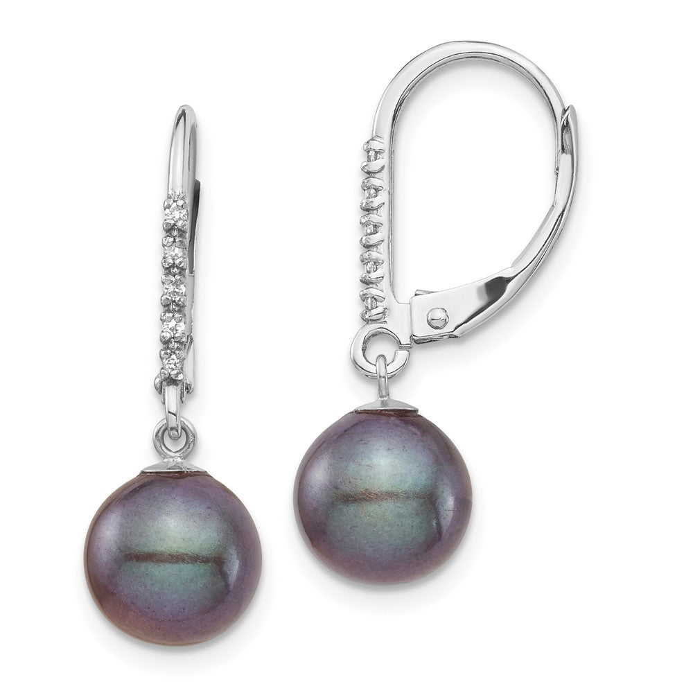 14K Weißgold Ohrringe mit 8-9-mm-schwarzer FWC-Perle und 0,05 ct. Diamant, Leverback-Verschluss