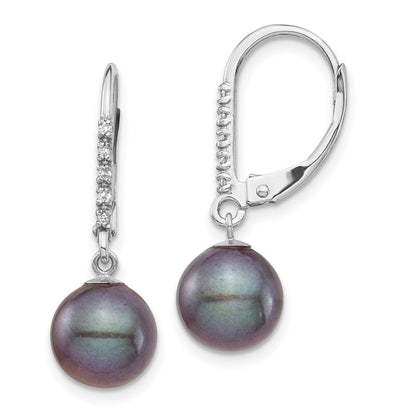 14K Weißgold Ohrringe mit 8-9-mm-schwarzer FWC-Perle und 0,05 ct. Diamant, Leverback-Verschluss