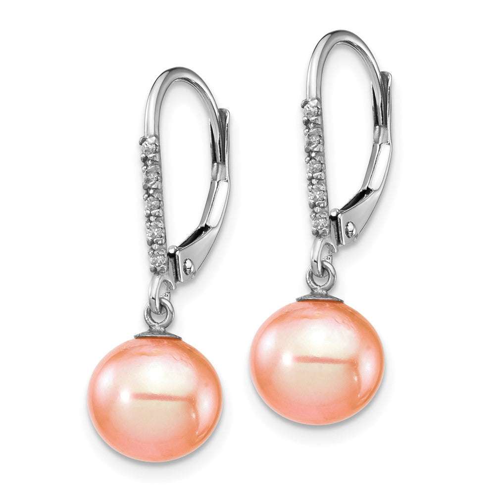14K Weißgold 8-9 mm rosa Süßwasser-Zuchtperlen-Ohrhänger mit 0,05 ct. Diamant, Leversystem