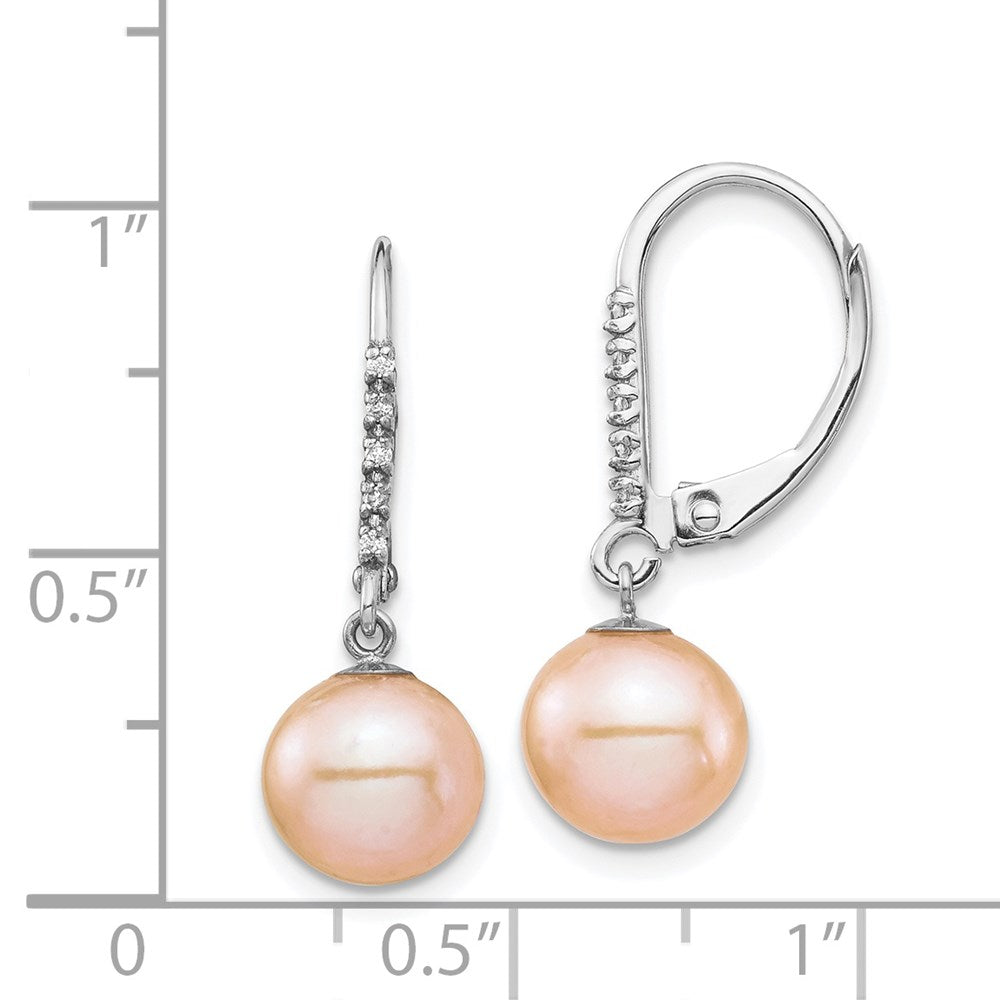 14K Weißgold 8-9 mm rosa Süßwasser-Zuchtperlen-Ohrhänger mit 0,05 ct. Diamant, Leversystem