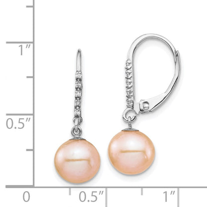 14K Weißgold 8-9 mm rosa Süßwasser-Zuchtperlen-Ohrhänger mit 0,05 ct. Diamant, Leversystem