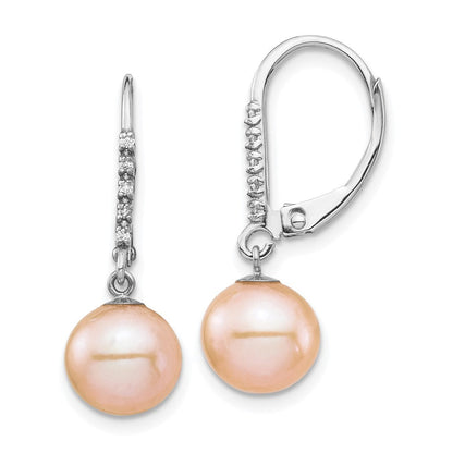 14K Weißgold 8-9 mm rosa Süßwasser-Zuchtperlen-Ohrhänger mit 0,05 ct. Diamant, Leversystem